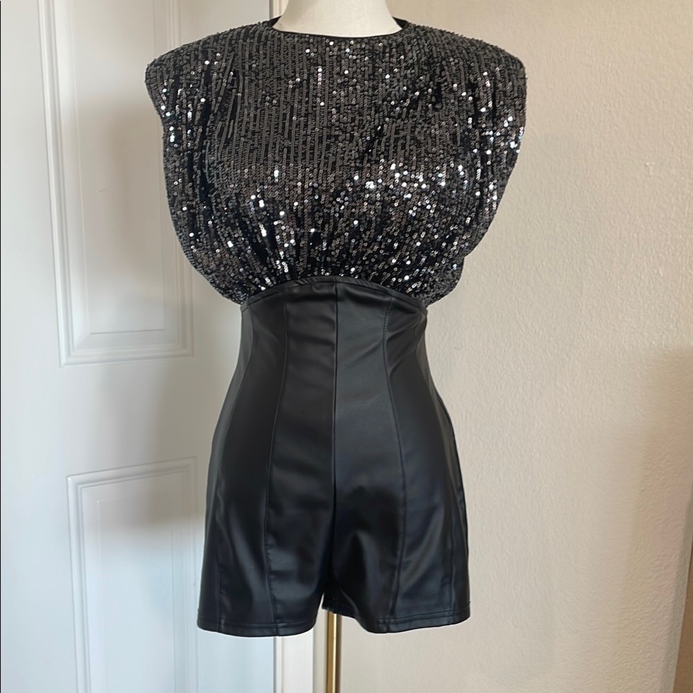 Black Sequin Faux Leather Romper, Size Small